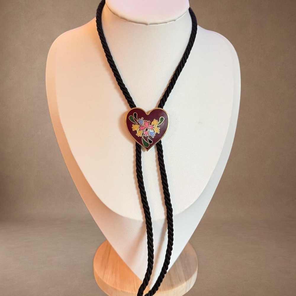 Floral Heart Bolo Necklace Black Cord